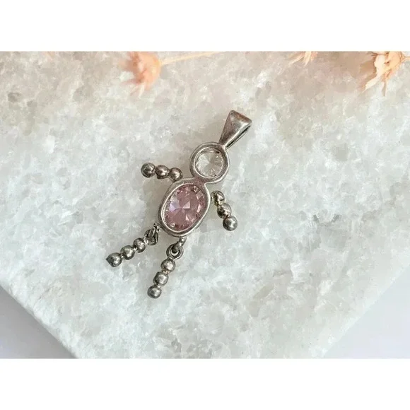 90's Sterling Vintage Tiny Dainty Pink October Birthstone Tourmaline Pendant - Picture 5 of 9
